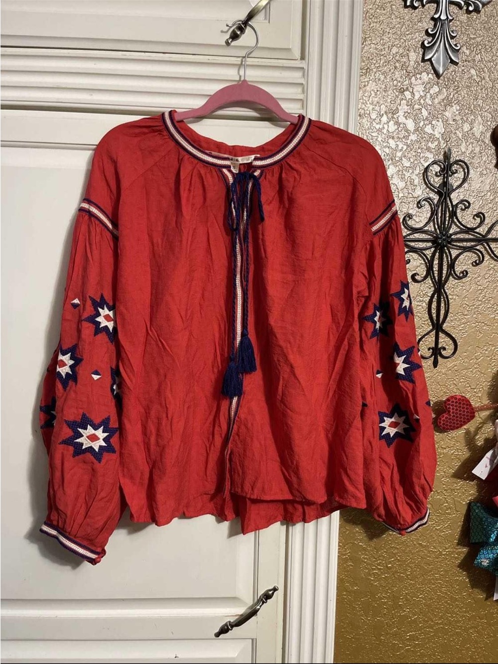 Chelsea & Violet Red Embroidered Peasant Blouse with Tassel Tie